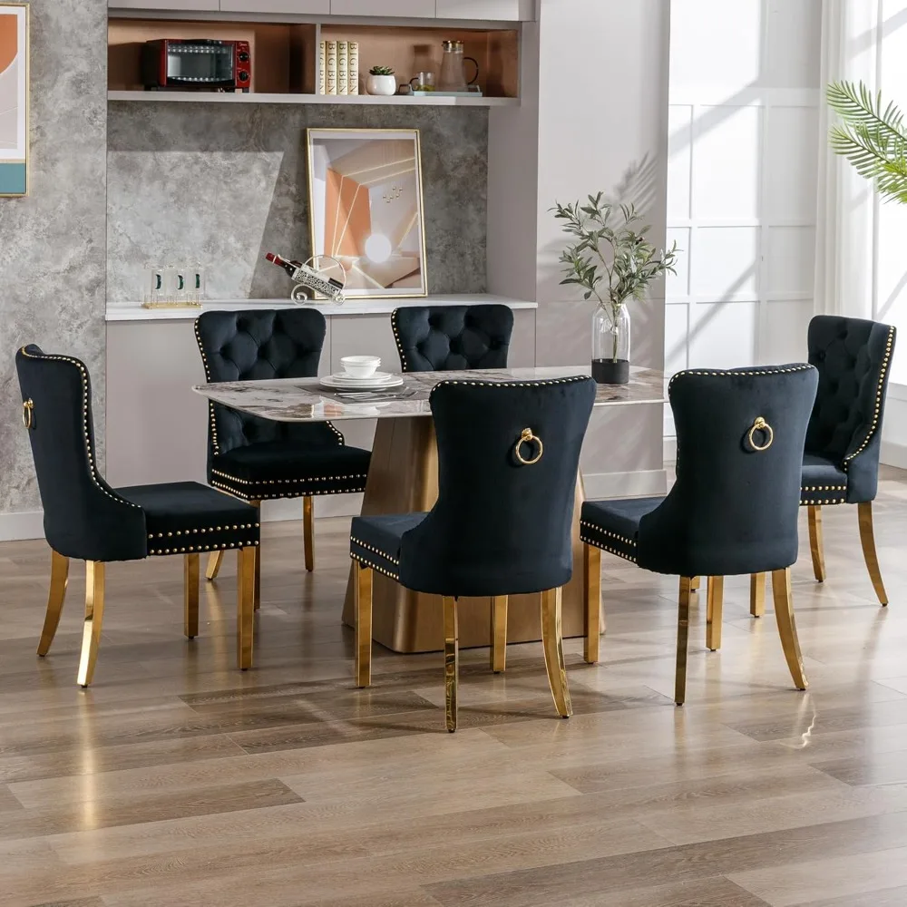 Tufted Velvet Chairs with Golden Stainless Legs, Rivet Trim Metal Pull Ring Large Back for Kitchen Dining Room Restaurant