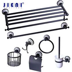 JIENI Wall Mounted ORB Black Washroom Bathroom Accessories Towel Ring Rack Paper Holder Toilet Brush Holder Frosted Glass Cup