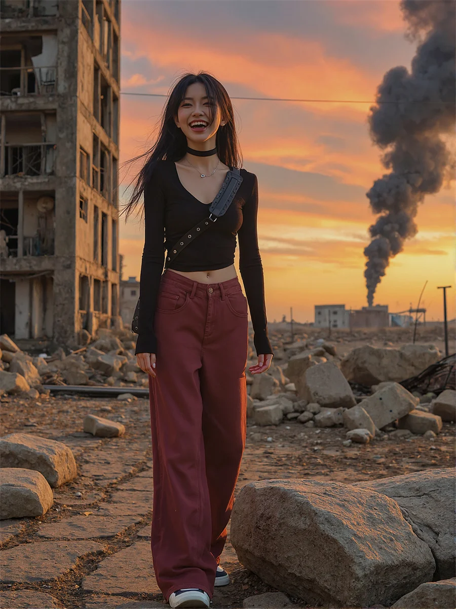 

Красные свободные джинсы с широкими штанинами в пол, женские рваные потертые подол, лоскутные плиссированные эластичные облегающие джинсовые брюки, винтажные синие классические