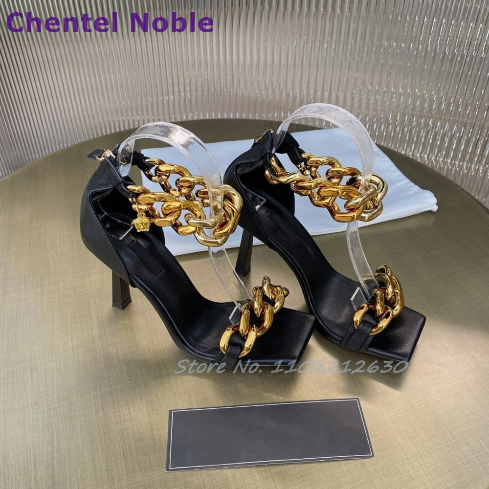 Mixed Colors Chain Sandals Open Toe Square Toe Thin High Heels Cover Heel Sandals Newest Fashion Sexy Luxury Women Shoes Summer