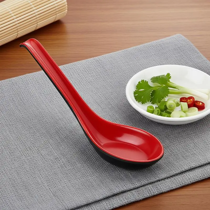 Red Black Long Handle Ramen Spoons 2pcs Japanese Melamine Drop Resistant for Restaurant Catering Noodle Serving