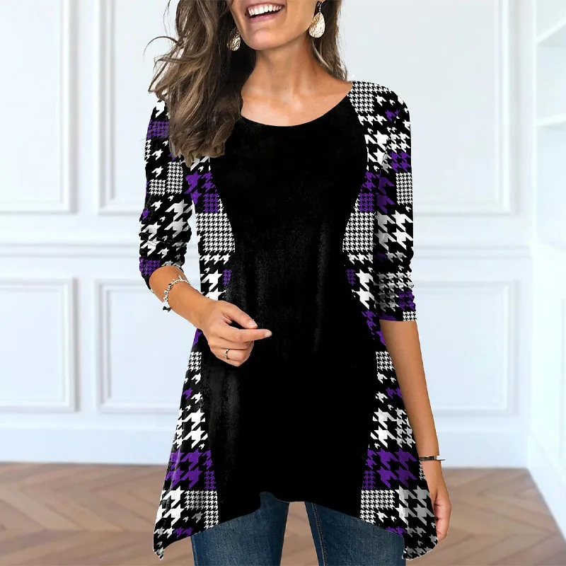 

2023 New Autumn Fashion Casual Round Neck Print Panel Plaid Long Sleeve Temperament Commuting Irregular Comfortable Women's Top