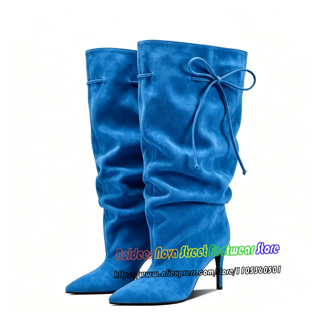Botas altas hasta la rodilla de ante con punta afilada, de diseño moderno, para mujer, con tacón de aguja, caña ancha, lazo y cordón ajustable, fáciles de poner, ideales para fiestas y para combinar con vestidos largos.