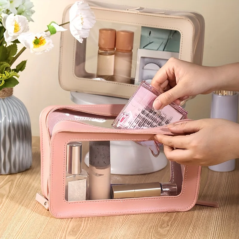 Borsa da viaggio con cerniera per il trucco, piccola custodia in pelle per articoli da toeletta, borsa multifunzionale trasparente impermeabile, acces