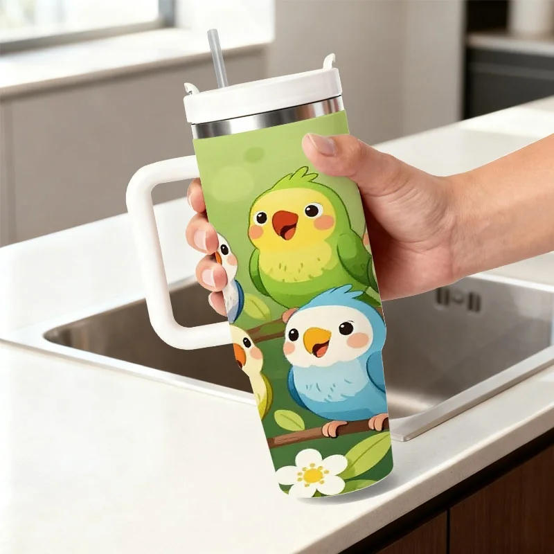 40oz Stainless Steel Insulated Tumbler, Cute Cartoon Colorful Birds on Branches Digital Print, Fresh Spring Style Leakproof Travel Cup for Daily Drinks, Outdoor Commute & Home Office Use