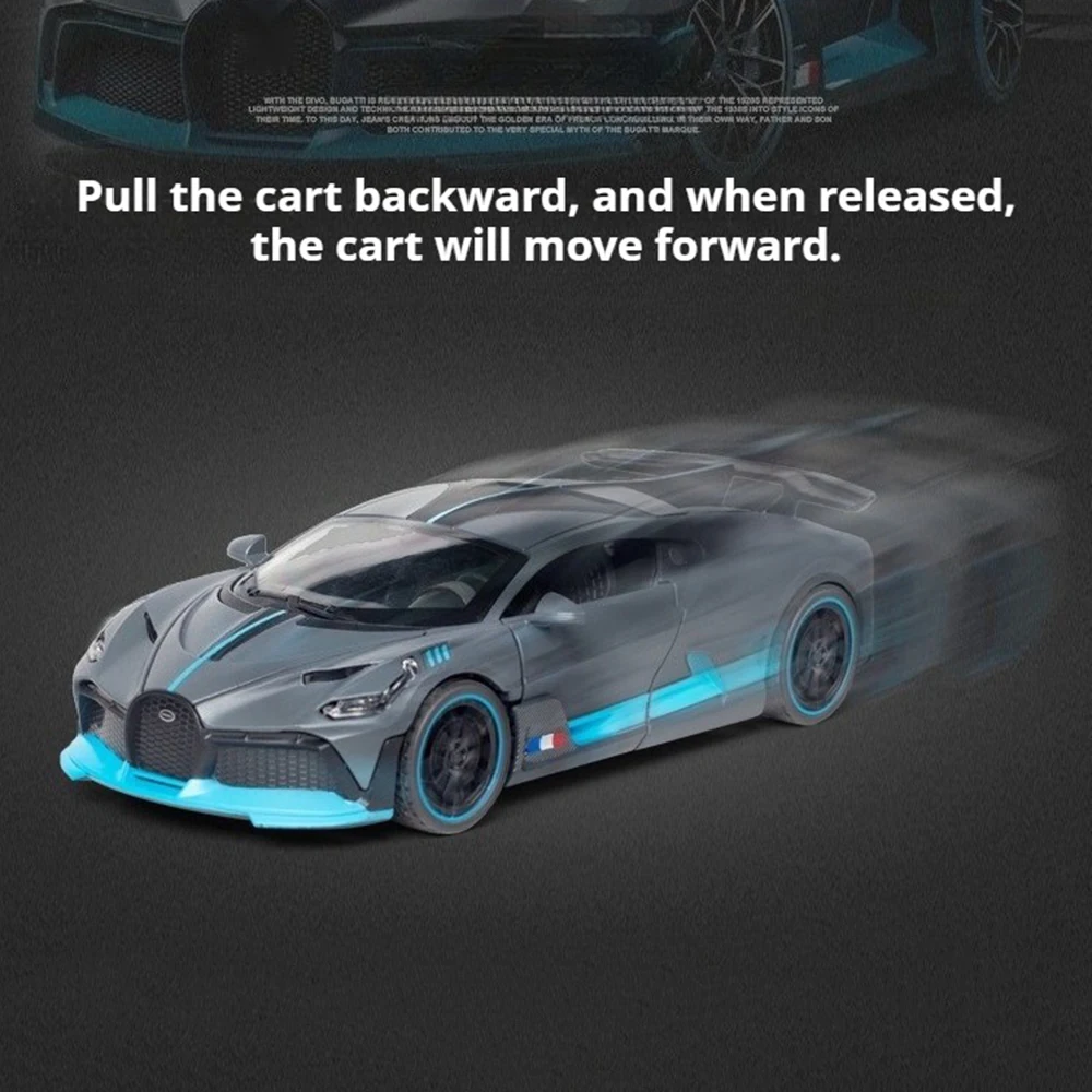 Maßstab 1:32, Divo Bolide, Legierungsdruckguss-Spielzeugautomodell, Türen, geöffnet mit Ton, Licht, zurückziehbares Miniaturfahrzeug, exquisite Ornamente