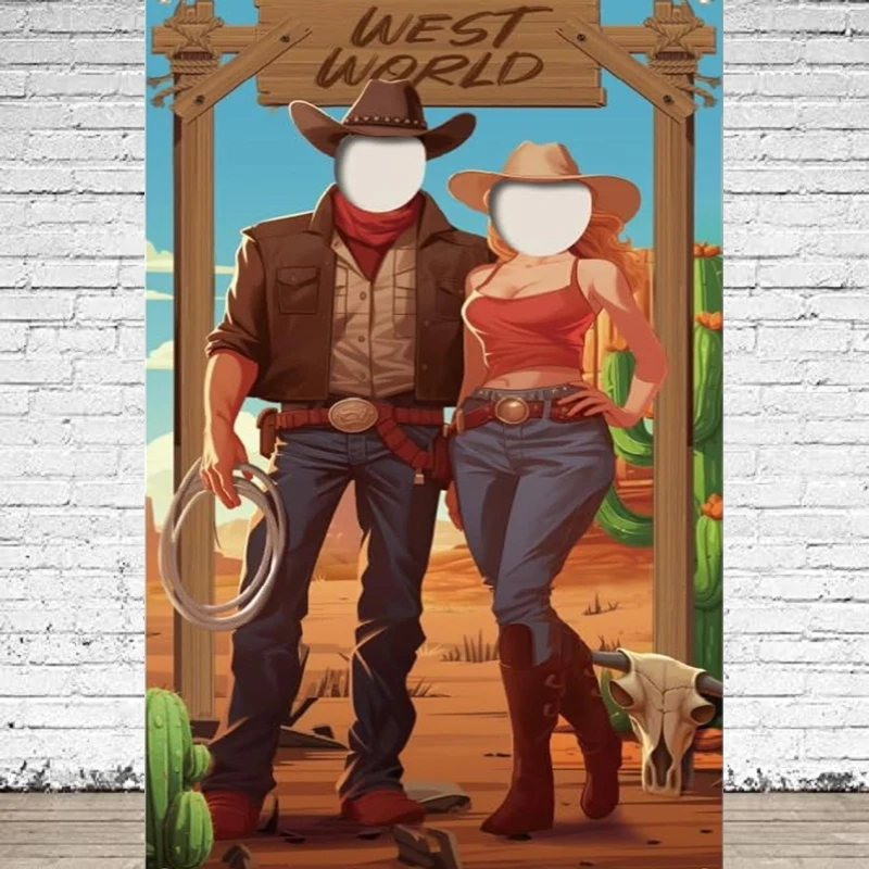 Western Party Photo Door Photography Backdrop Cowboy Face Banner West Themed Birthday Party Pretend To Play Game Prop Background