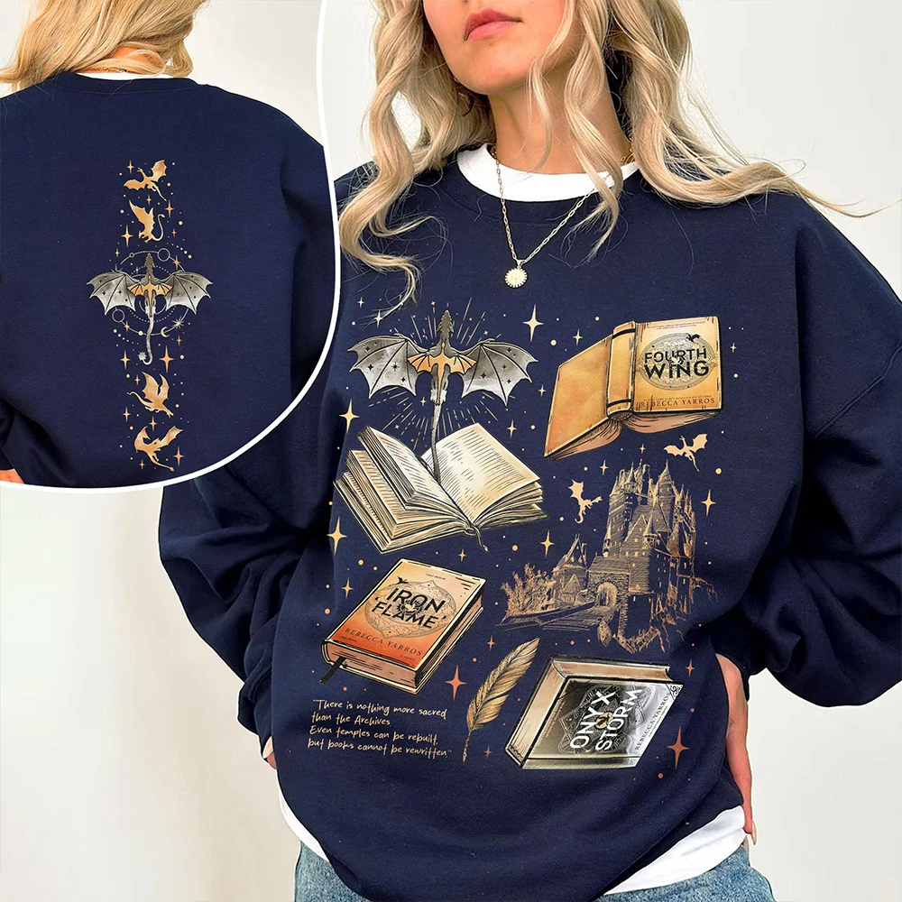 

Fourth Wing Series Two Sided Sweatshirt for Fans War College Gift for Book Lover Long Sleeve Fleece Sweatshirt Y2K Streetwear