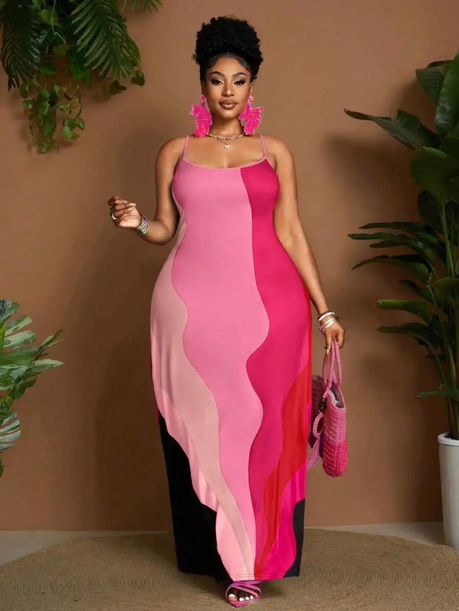 Plus Size Sleeveless Maxi Dress With Abstract Pink Color Block Design view 6