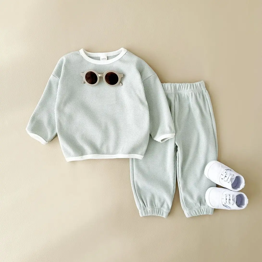 Korean Autumn Baby Clothes Set Cotton Waffle Patched Brand Shirts Suit Solid Loose Stretch Spring Infant Girl Baby Outfit