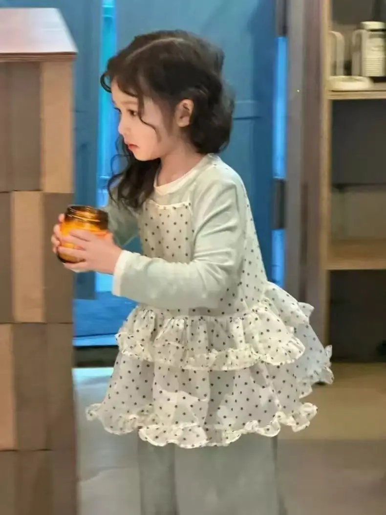 

Girl's Korean Style Spring Set 2026 New Children's Western Style Polka Lace Strap Top Wide Leg Jeans