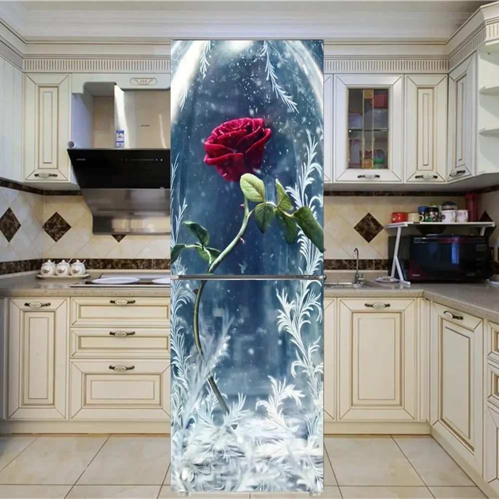 Art New Rose Refrigerator Sticker Flowers Pattern Wall Stickers Home Decoration Kitchen Wall Art Mural Decor Modern Renorative