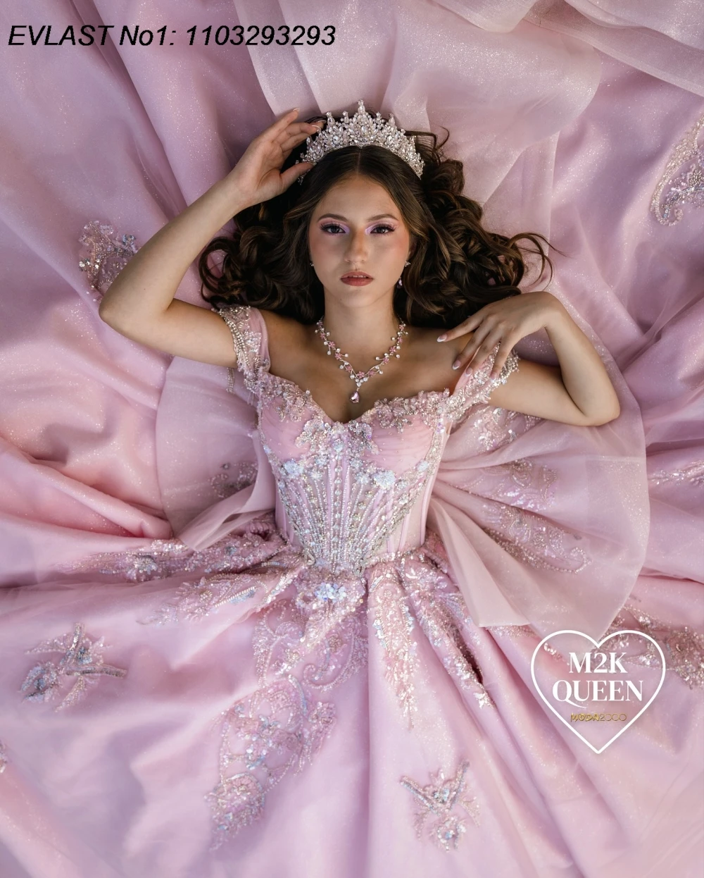 Evlast personalizado mexicano rosa quinceanera vestido de baile renda floral apliques miçangas arco doce 16 vestidos de 15 anos e1qn532
