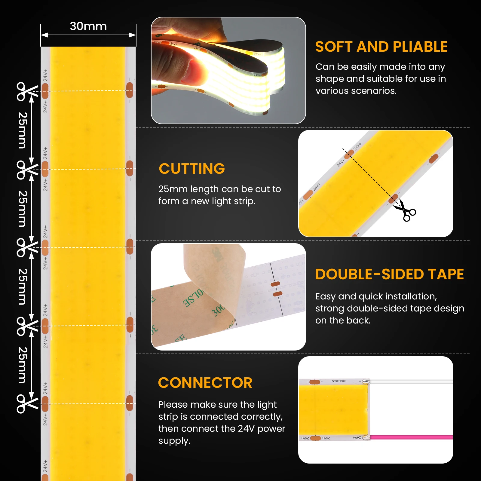 1600LEDs High Bright COB LED Strip Light 24V Flexible Tape for Room Linear Lighting High Density White Warm White Natural White