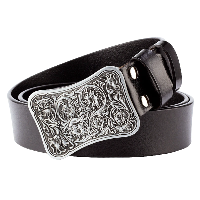 Fashion Genuine Leather Belt Arabesque Pattern Metal Buckle Retro Islam Vine Floral Design Royal Flower Carved Belt Decorative