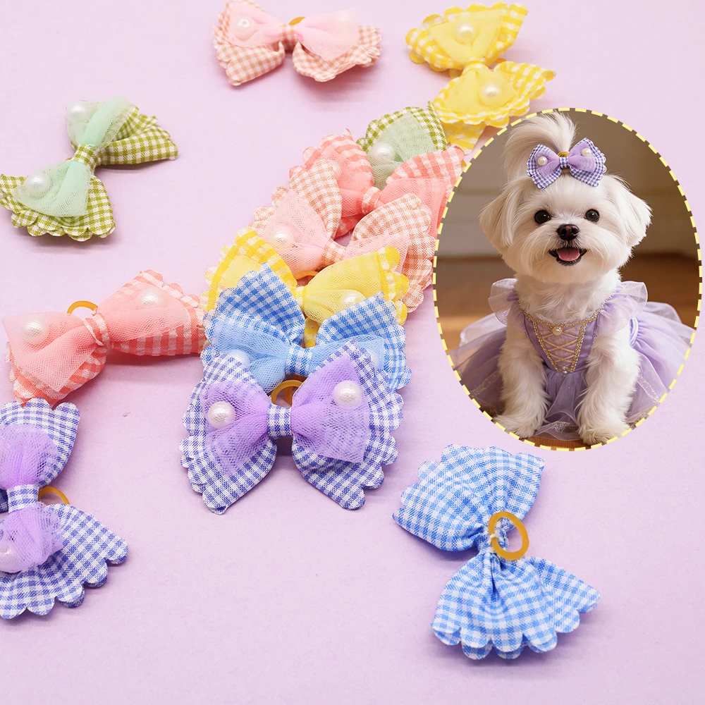 

50/100PCS Puppy Bows With Rubber Bands Cute Dog Bows With Pearls Mixed Colors Handmade Pet Hair Accessories For Dogs and Cats