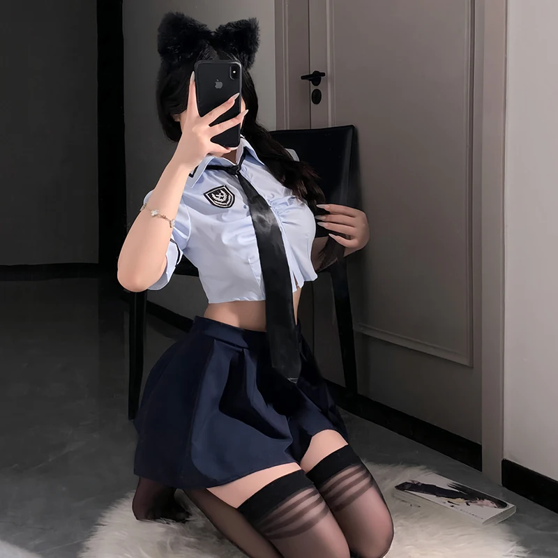 

Japanese Anime Blue College Style Uniform Cosplay Costume Police Outfits Role Play Suit Women Cute Girl Porno Carnival Party