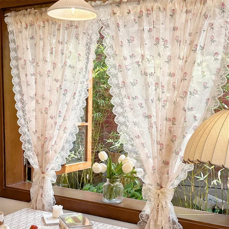 French Dream Curtain Lace Rose Lace Half Curtain Retro Window Jacquard Elegant Living Room Kitchen Door Gauze Curtain Home Decor