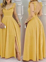 Vestido largo de lunares amarillo para mujer, escote con volantes, lazo en la espalda, abertura lateral, ideal para vacaciones de verano y reuniones bohemias