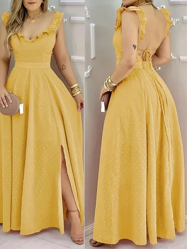 Vestido largo de lunares amarillo para mujer, escote con volantes, lazo en la espalda, abertura lateral, ideal para vacaciones de verano y reuniones bohemias