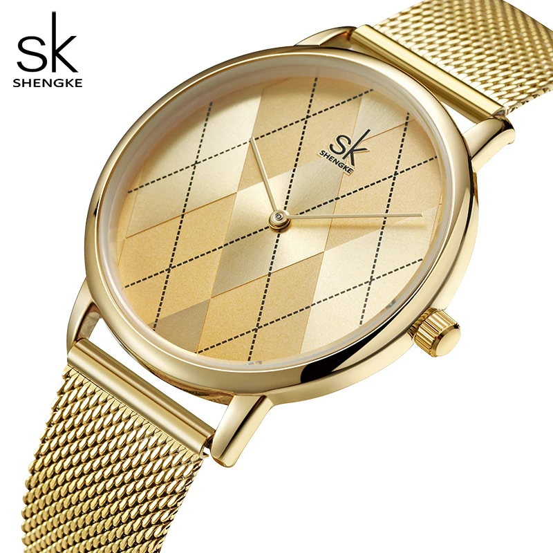 Shengke design original relógios femininos moda de ouro inoxidável quartzo relógios senhoras presentes relógio relogio feminino