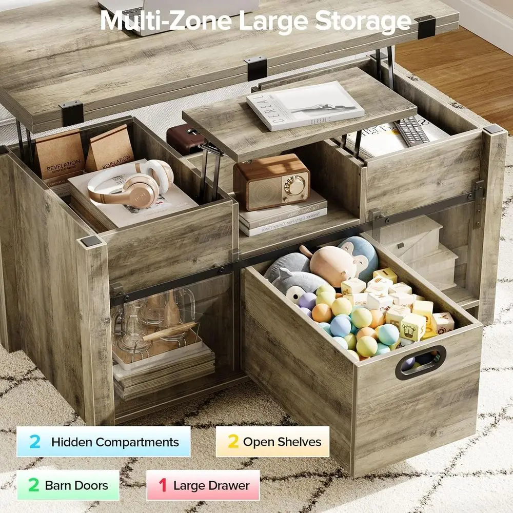 طاولة قهوة قابلة للتحويل 4 في 1 باللون الرمادي مع باب الحظيرة المنزلقة وأدراج تخزين ومقصورات مخفية #5