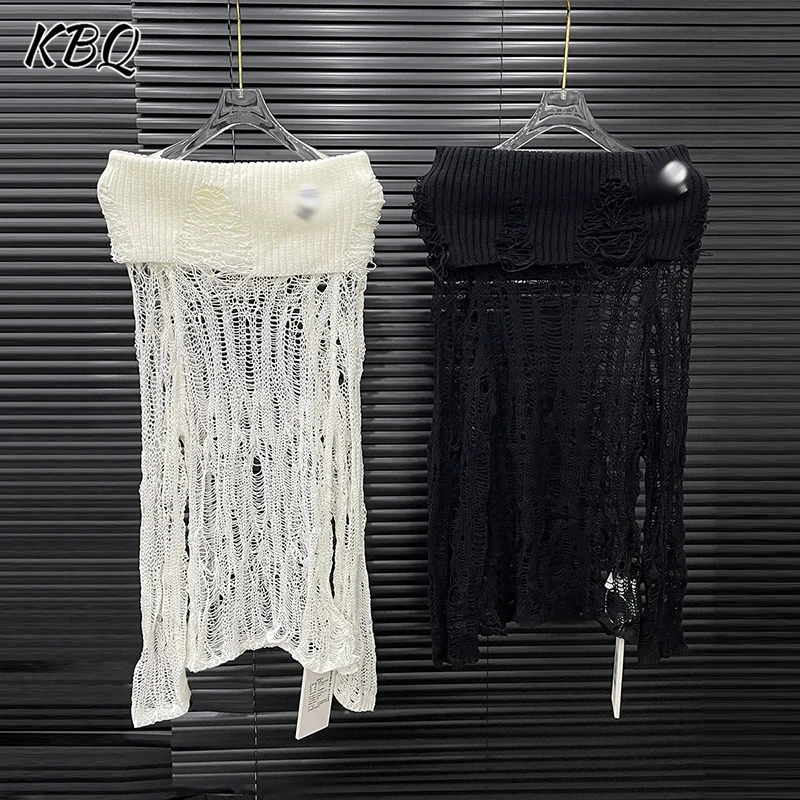 

KBQ Temperament Hollow Out Slimming Solid Sweaters For Women Slash Neck Off The Shoulder Sleeve Sexy Sweater Female Fashion New