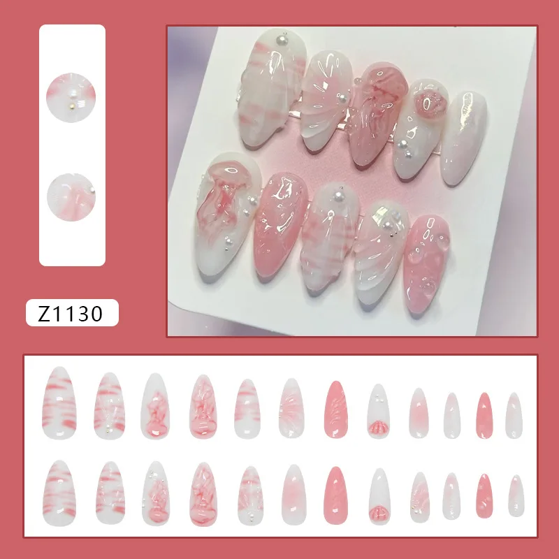 

24PCS Glossy Pink Gradient Almond Press on Nails 3D Flower Simple Designs French Fake Nails for Women Fashion Nail Wearable Tips