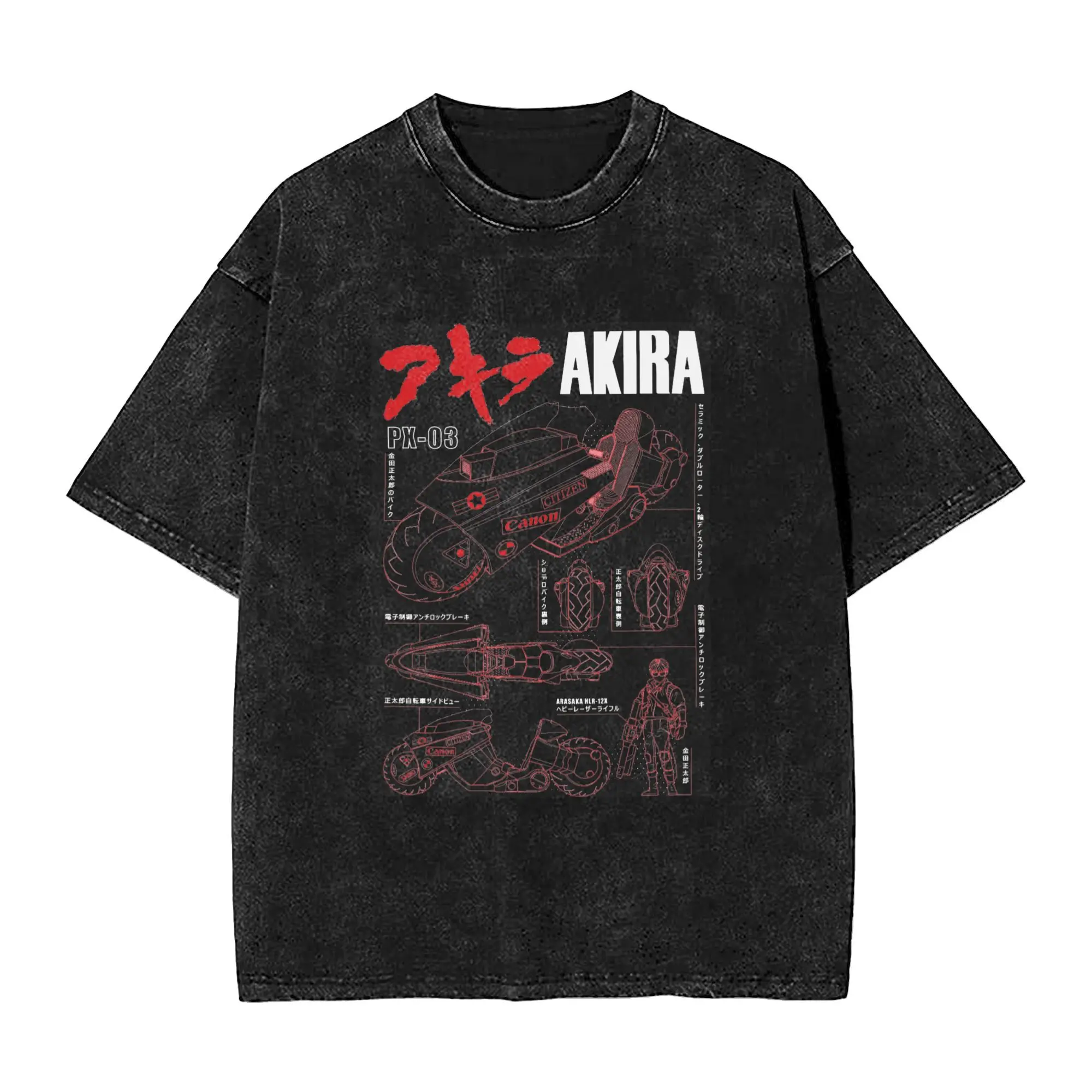 AKIRA Kaneda bike blueprint  T Shirt Hip Hop Washed Short Sleeve Oversize T-Shirts  Retro Men Women Streetwear Summer Tops Tees