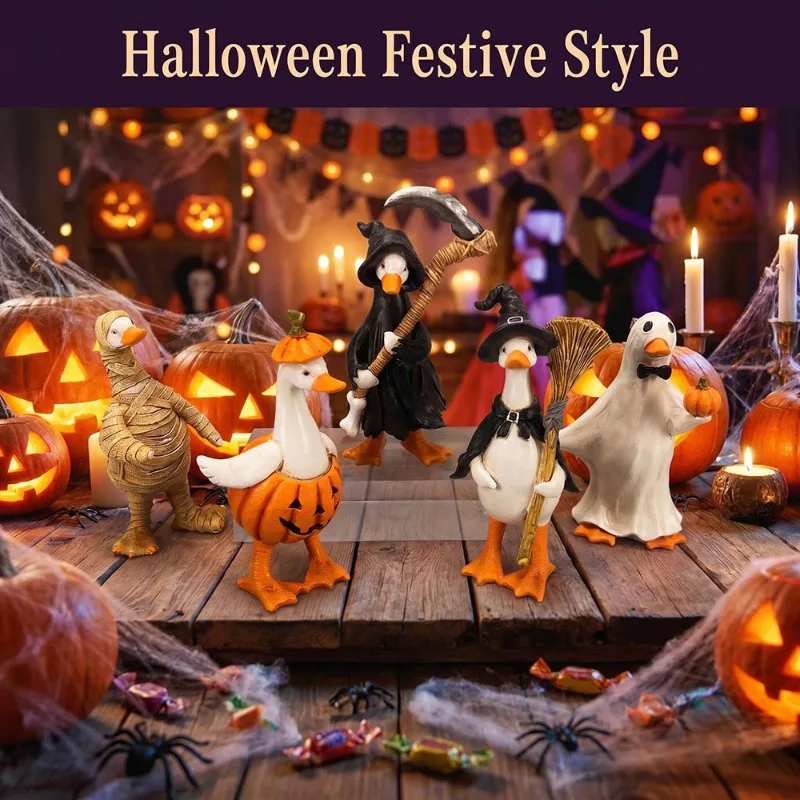 2PCS Cute Cartoon Halloween Duck Ornament Vivid Painting Sturdy Resin Craft for Party Scene Layout Shop Window Display Decor