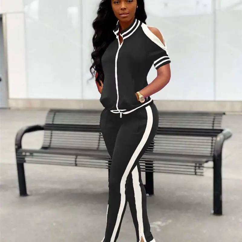 F099 Setelan Olahraga Kasual Musim Panas Wanita Baru dengan Ritsleting dan Belahan, Ensemble Modis untuk Wanita Aktif, Detail Ritsleting, Pakaian Kasual