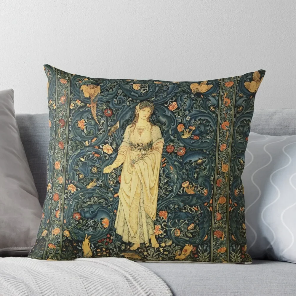 

LADY FLORA, GREENERY, FOREST ANIMALS ,PHEASANT BIRDS ,RABBITS Blue Green Floral Tapestry Throw Pillow Bed pillowcases