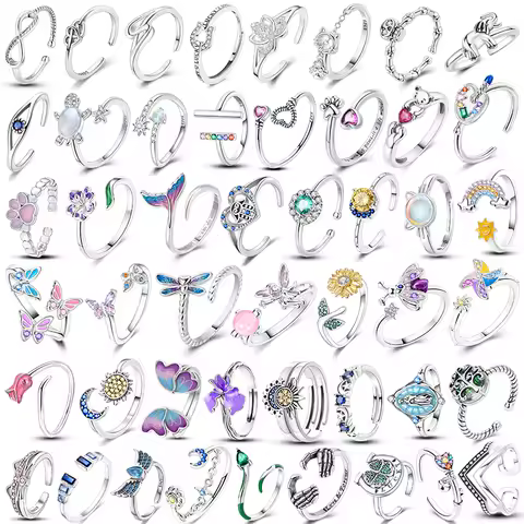 Butterfly Adjustable Ring 925 Sterling Silver Original Clover Flower Dragonfly Free Size Open Rings For Women Finger Jewelry