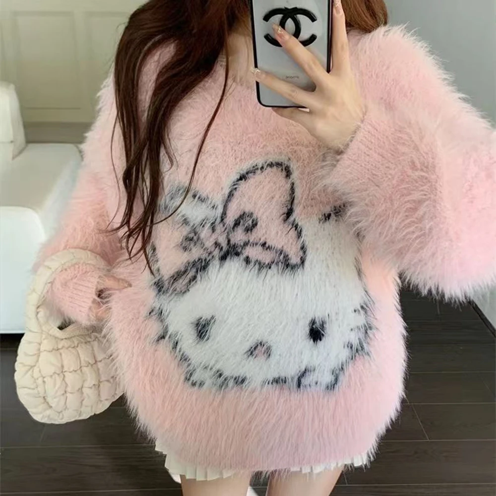 Knitted Sweater Hello Kitty Women Sweater Sanrioed Anime Kawaii Spring Autumn Cartoon Student Loose Round Neck Casual Cute Tops