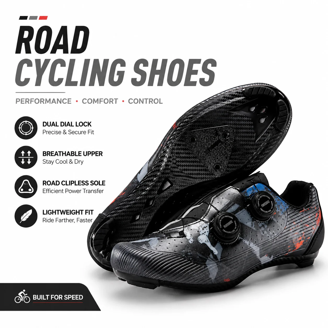 Road Cycling Shoes Men Women Dual Dial Lock Bike Shoes Breathable Lightweight Road Bike Shoes Graffiti Design Racing Training