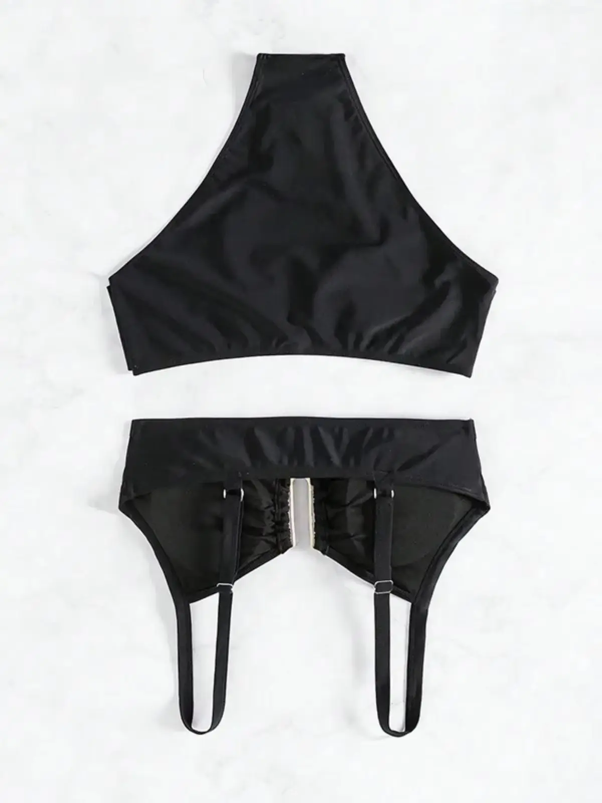 

Black 2 Piece Swimsuit for Women Sexy U-shaped Metal Solid Color Bikini Set High Waist Beach Vacation Bathing Suit Swimwear 2024