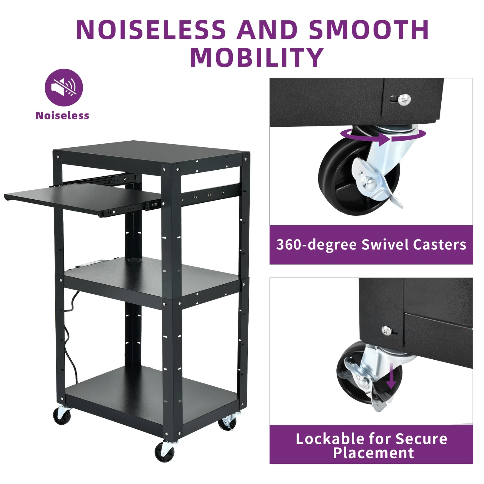 

16.4ft AV Cart Cord Metal Media Cart W/ Keyboard Tray Lockable for Presentation