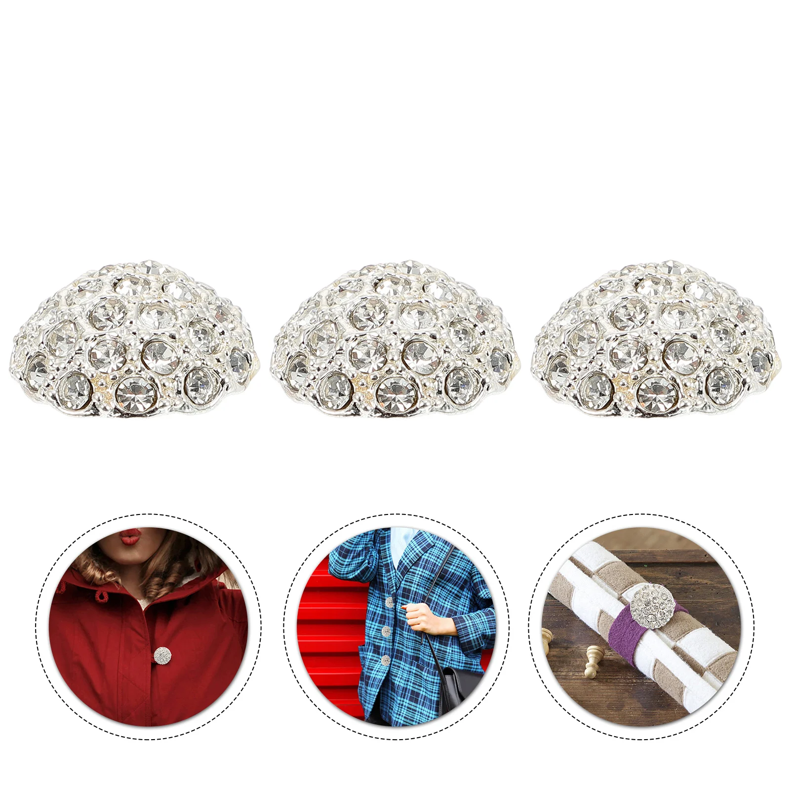 

3 Pcs Metal Buttons with Diamonds Decor Brooch Sweater Sofa Rhinestones Crystal Sewing Alloy Upholstery Circle Decorative