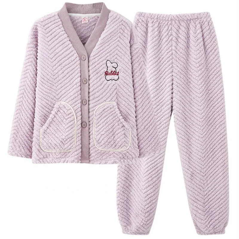 2024 Nieuwe Koraalfluwelen Pyjama Vrouwen Herfst Winter V-Hals Nachtkleding Flanel Jacquard Schattige Student Homewear Slaapzaal Loungewear