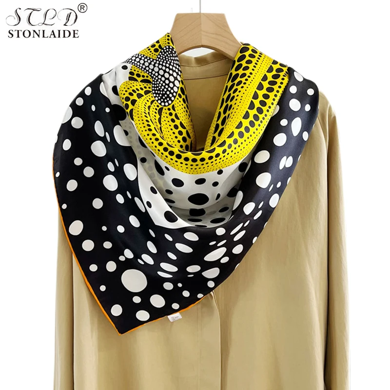 

110CM Square 100% Silk Scarf Shawls For Women Hijab Pumpkin Dots Printing Travel Scarf Head Scarves Summer Beach sunscreen