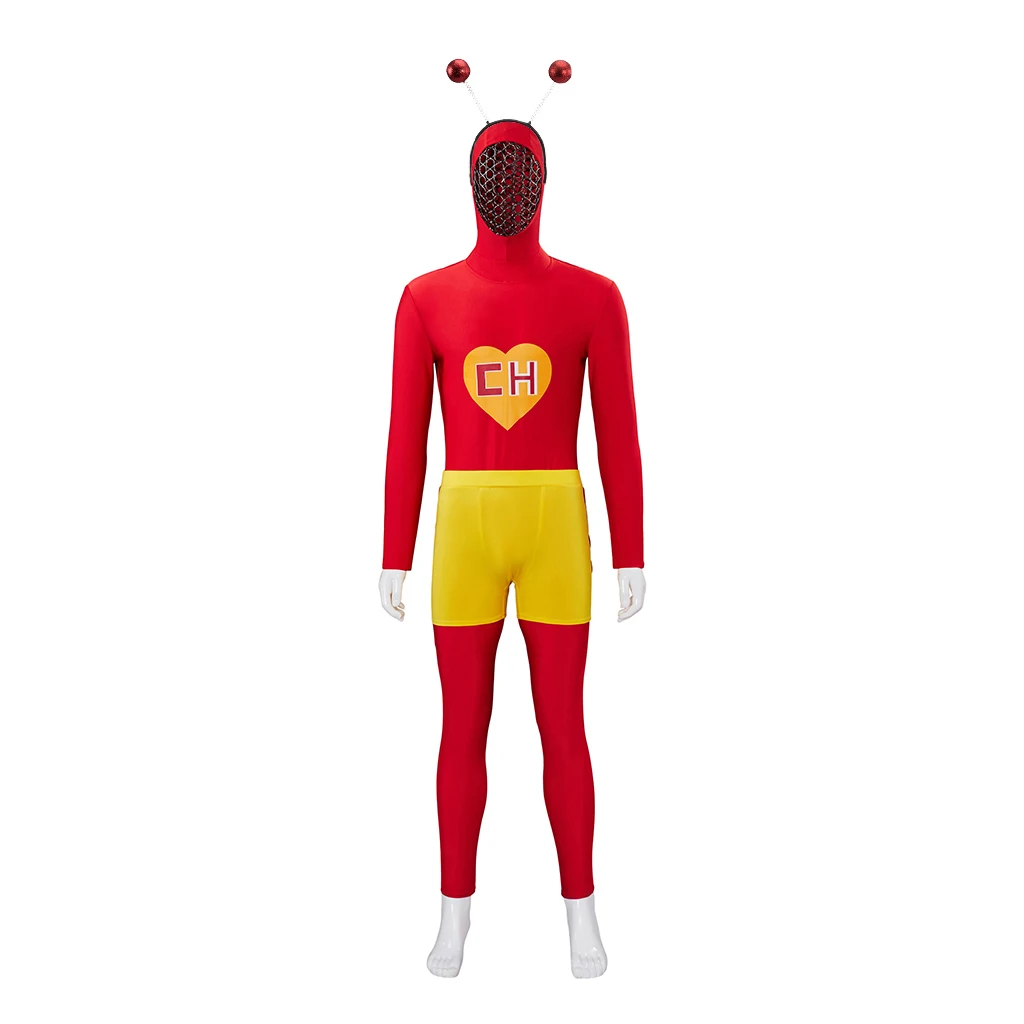 El Chapulin Colorado Cosplay Costume Red Hoodie Jumpsuit with Antennae CH Heart Printed Bodysuit Halloween Party Outfits