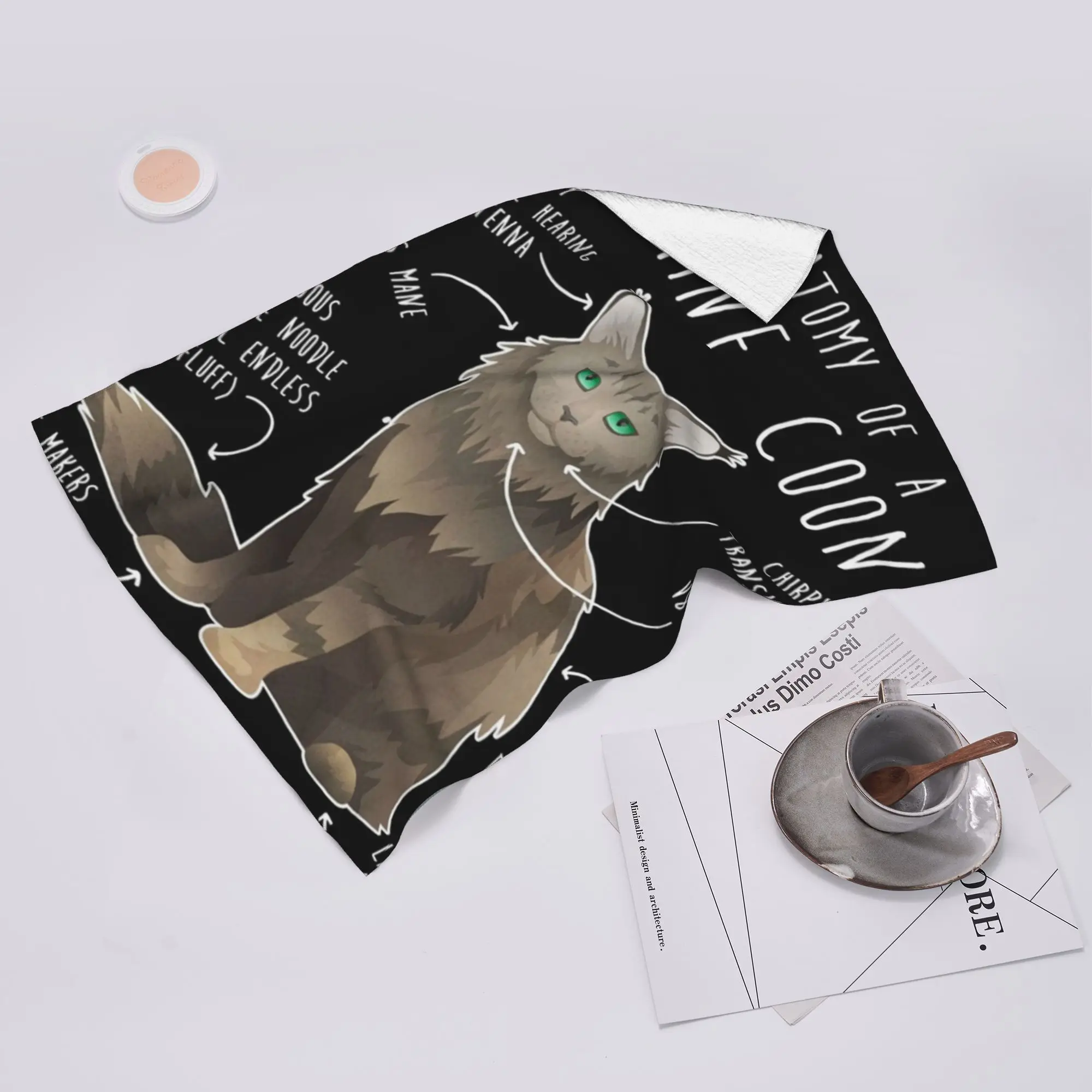 Custom Maine Coon Cat Anatomy 7 Soft Face Towel Quick Dry Pool Bath Cotton Towels Absorbent Quick