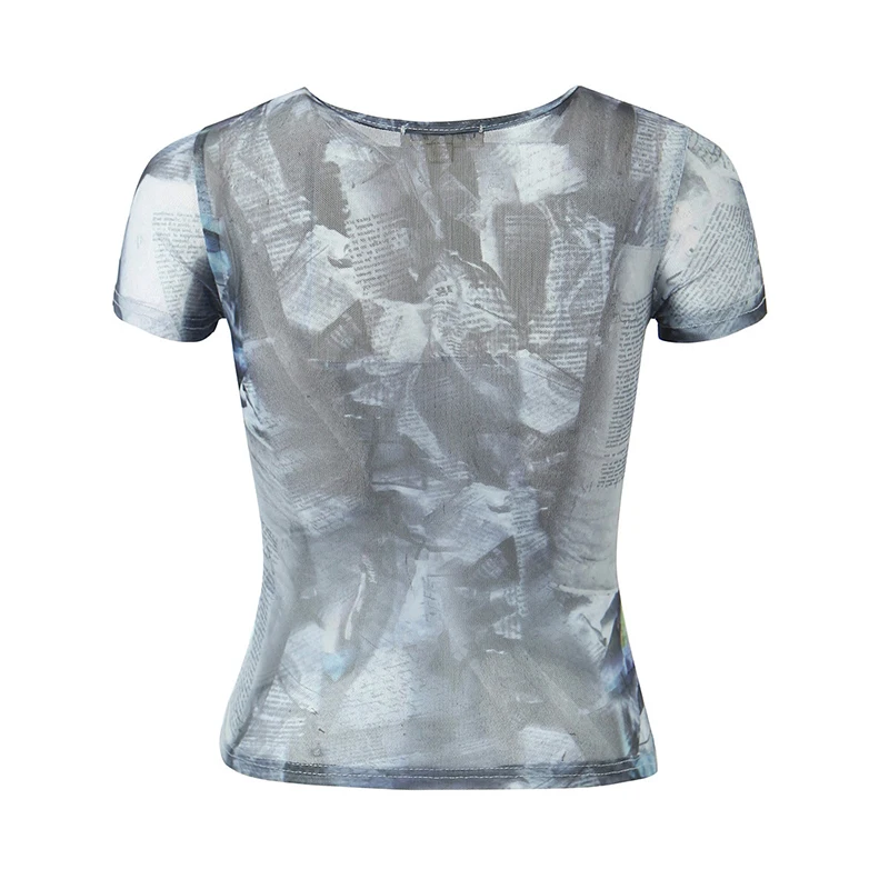 YNEKYE-Camiseta vaquera de malla elástica con estampado azul para mujer, Top corto ajustado de manga corta con cuello redondo, camisetas para mujer