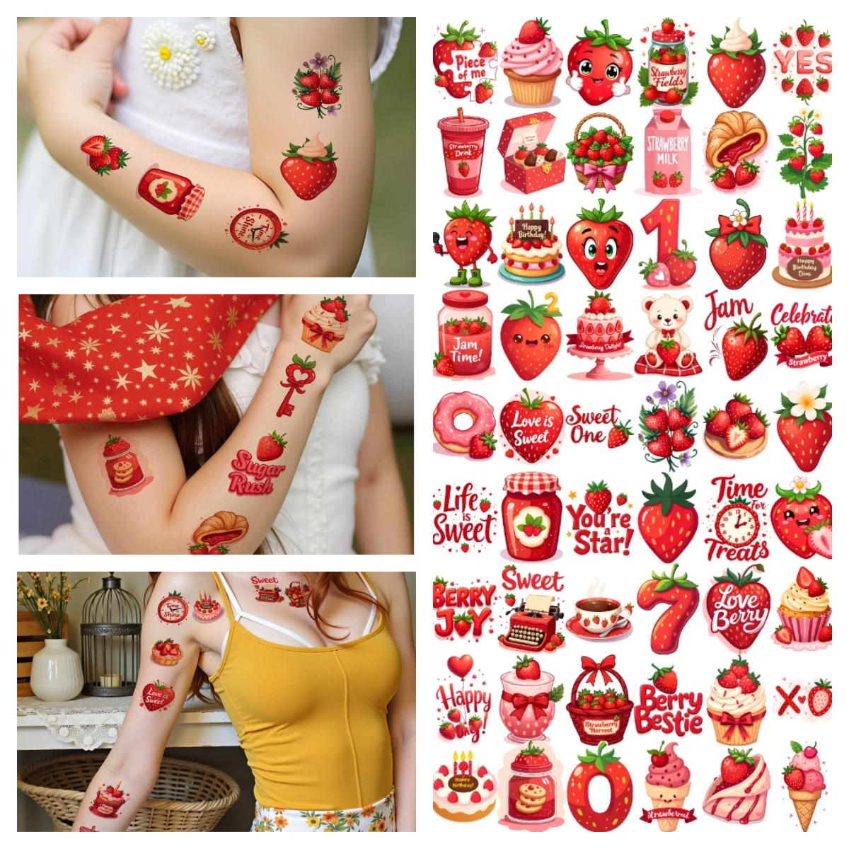 

108pcs Strawberry Temporary Tattoo Stickers Waterproof Semi Permanent Sticker Men Women Body Fake Tattoos Birthday Party Gifts
