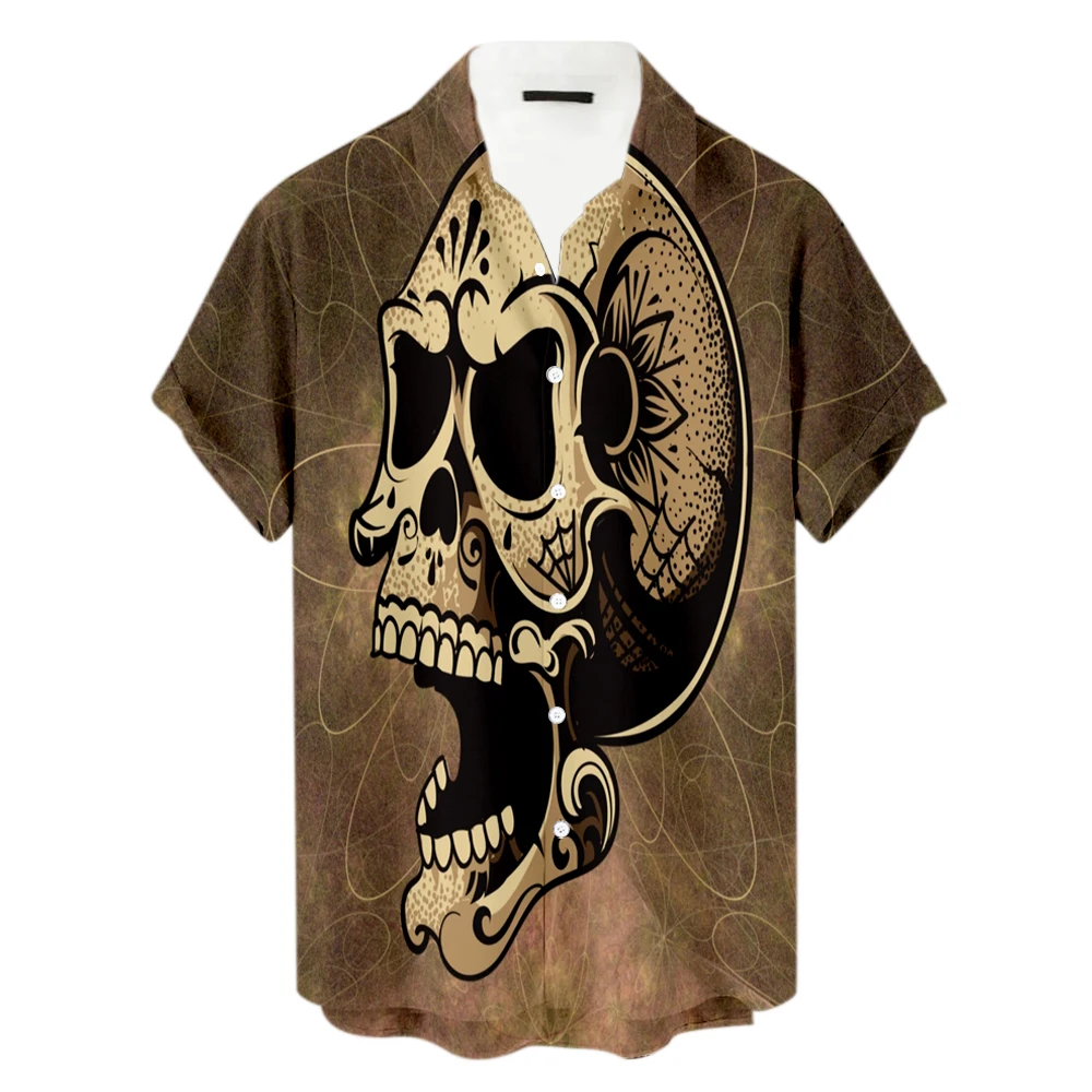 New Fashion Summer Hawaiian Skull Collage 3D Printed Mens Short Sleeve Beach Shirts T27