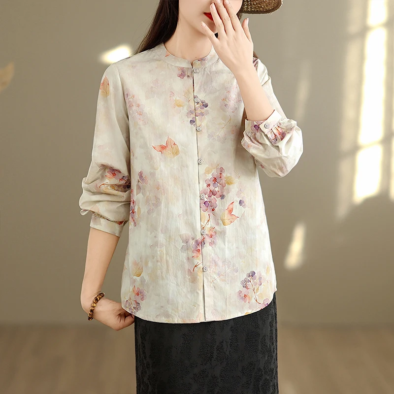 

Retro Chinese Sle Printed Long Sve irt Stand Collar Women's Open Cardigan Cotton Polyester Blend Breathable Comfortable