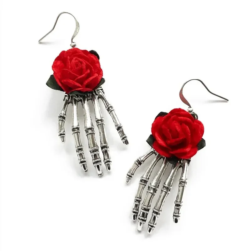 Personality Creative Red Artificial Rose Flower Sliver Color Hand Bones Dangle Earrings for Women Gothic Halloween Party Jewelry