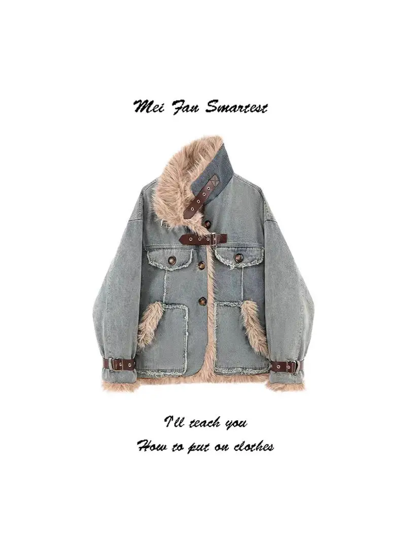 

Women Blue Denim Jacket Coat Vintage 90s Motorcycle Jacket Fashion Streetwear Korean Vintage Oversize Outerwear 2000s Clothes