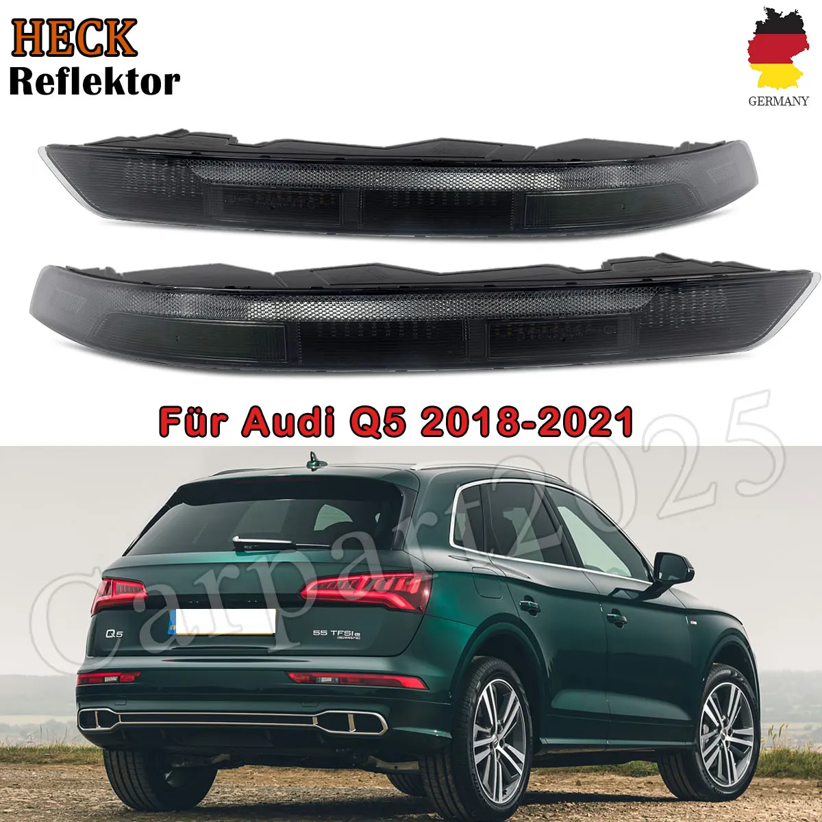Heckstoßstangen-Reflektor Brems-Rücklicht Nebelschlussleuchte mit vier Glühbirnen, zentrale Bremsleuchtenbaugruppe für Audi Q5 2018-2021, getöntes graues Gehäuse