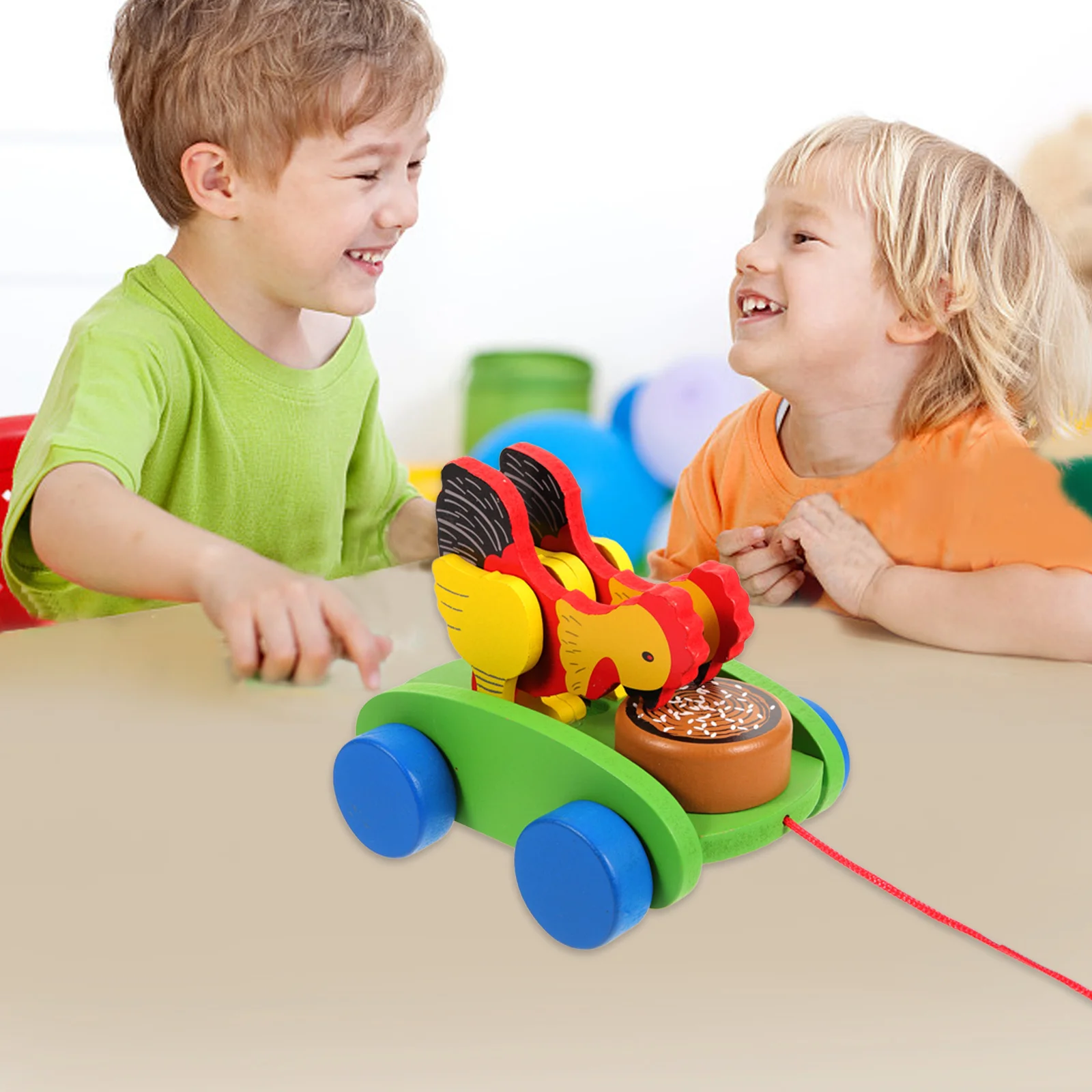 1 Stuks Baby Educatief Trekkoord Karretje Schattig Kippenhouten Speelgoed Vroeg Leren Voertuig Cognitief Leuk Kinderspeelgoed